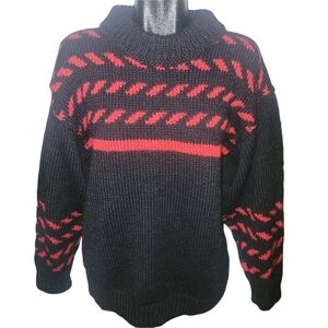 Handmade Men's Black and Red Fair Isle Nordic Thick Knit Sweater